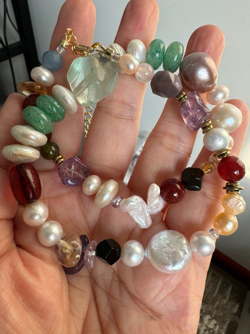 #PN415 Green Elf|Freshwater Pearl Necklace |Natural Flaws|Jade|Fluorite|Purple Quartz |Mixed Shapes