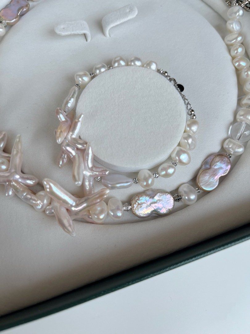 #PN68 Cross Flower | Freshwater Pearl Necklace & Bracelet Set | Bit Pinkish Cross Pearl | Lustrous Baroque Pearl | White Quartz