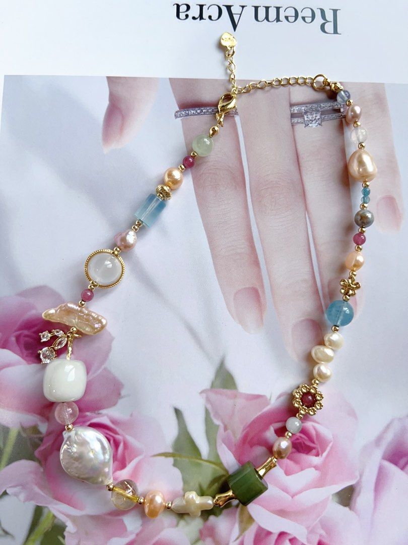 #PN403 “Rose Garden” Natural Freshwater Pearl Necklace |Natural Stones|Moonstone|Jade|Aquamarine|Tourmaline|Agate|Baroque Pearl |Mixed Shape