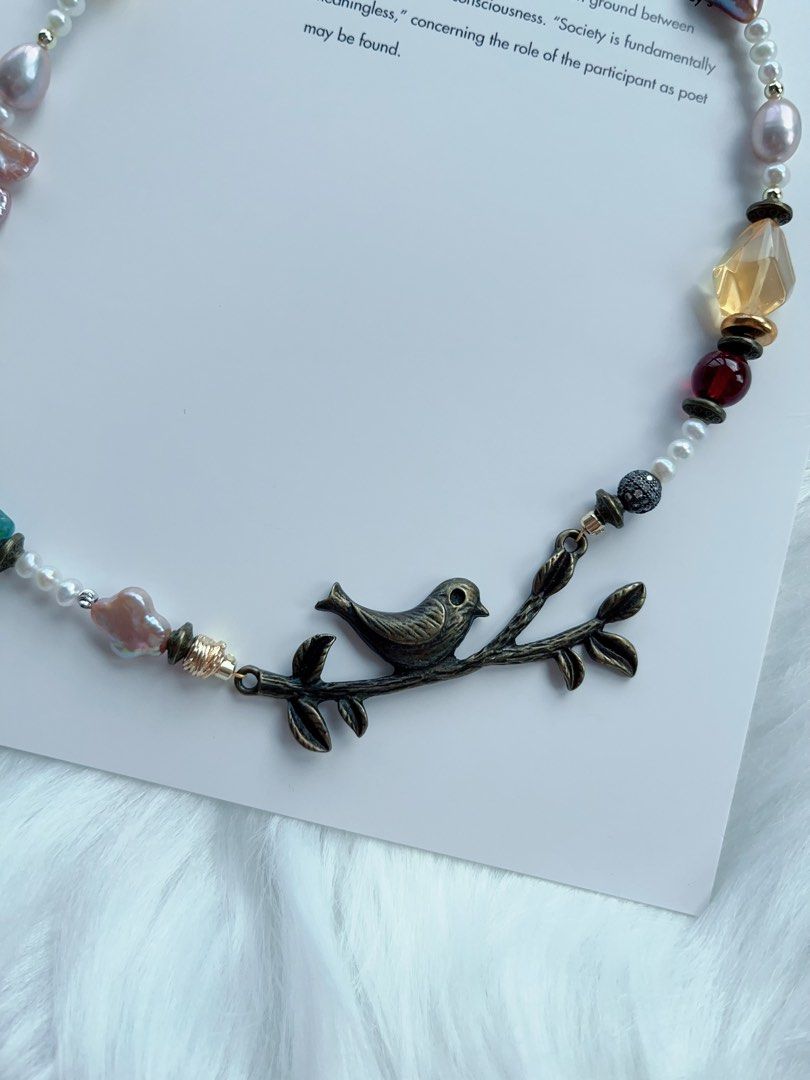#PN331 Bird Singing | Freshwater Pearl Necklace | Citrine Freeform | Garnet| Bird on Branch Charm| Lute, Stick Pearl | Opal| Yanyuan Agate| Natural Flaws