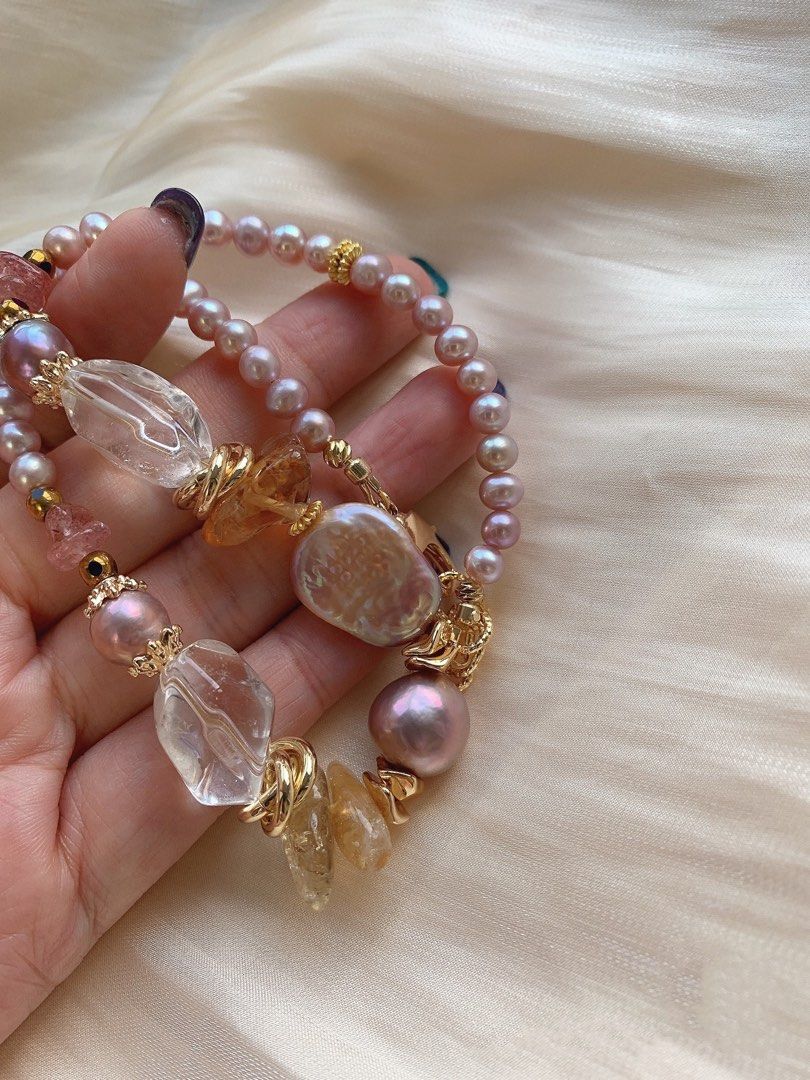 #PN396 [Sale]Freshwater Baroque Pearl Necklace |Bold Design|Big White Quartz |Big Edison Pearl |Strawberry & Yellow Quartz |Purple