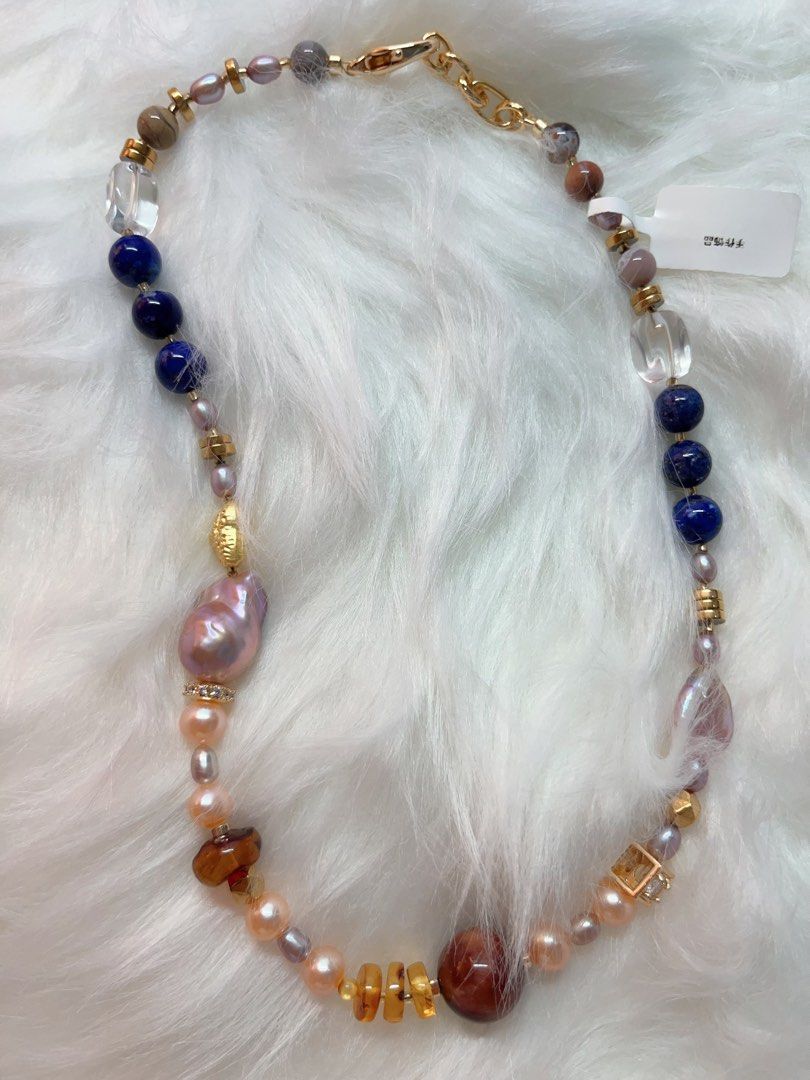 #PN332 Natural Weight | Freshwater Pearl Necklace | Lapis Lazuli | Big Purple Baroque Pearl | Beeswax Abacus| Clear Quartz Cube| Oval Pearl
