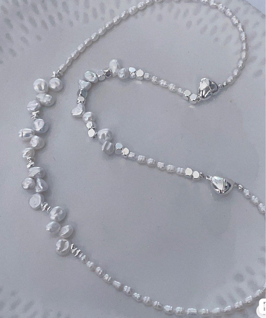 #PN188 [Clearance Sale] Freshwater Pearl Necklace & Bracelet Set |Silver|Heart Shaped Clasp|Baby Pearl|Can Connect into One Long Necklace