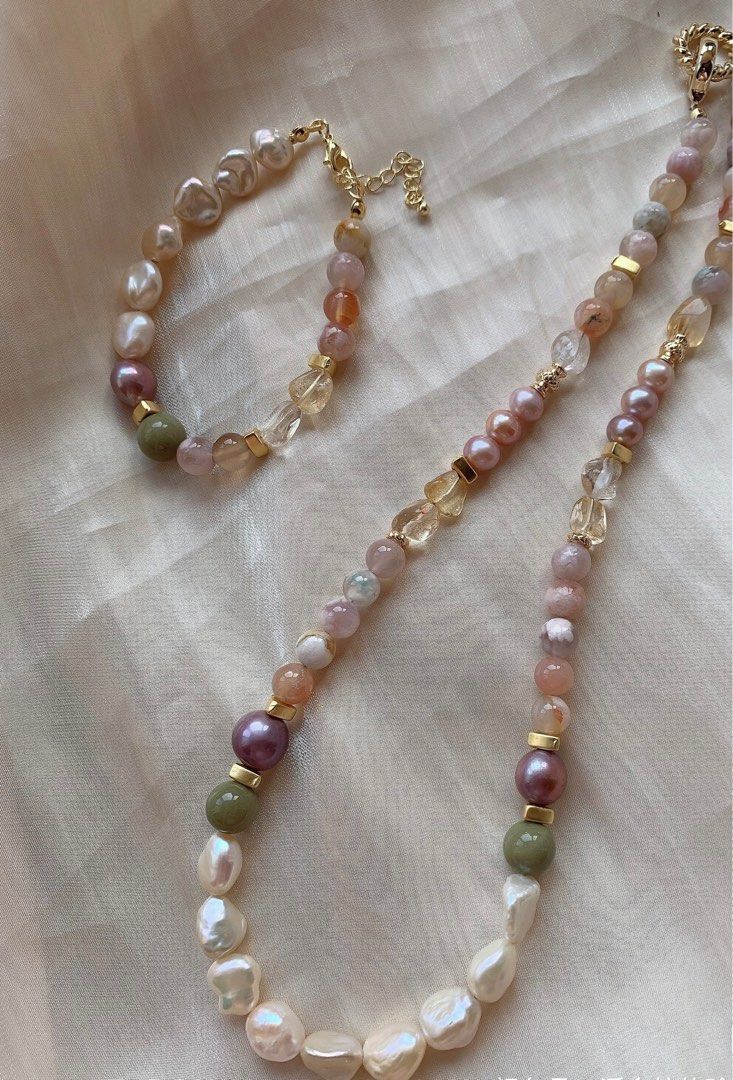 #PN219 Baroque Pearl & Natural Stone Necklace & Bracelet Set |Rose Quartz |Flower Agate|Citrine