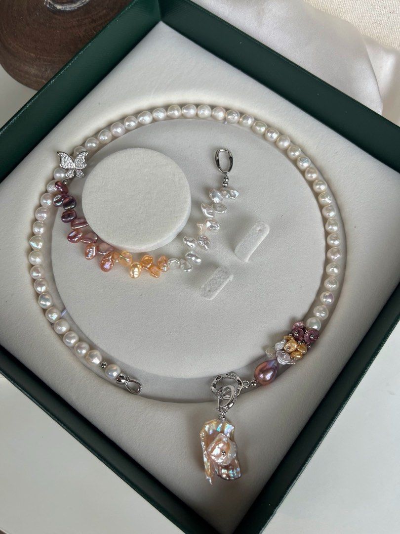 #PN27 [Floral Series] Gradient Flower |Freshwater Pearl Necklace & Bracelet Set |Rainbow Colour |Lustrous Baroque Pearl |Wrinkled Pearl |Removable Pendant |Multi Wearing |Butterfly Clasp