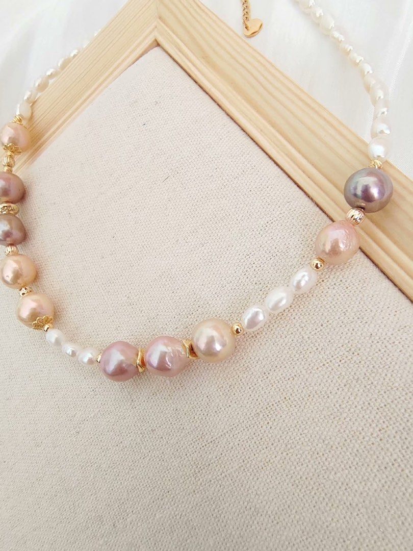 #PN381 [Clearance Sale] Golden Stage| Freshwater Pearl Necklace | Peach, Purple Baroque Pearl | Baby Baroque Pearl | Excellent Lustre
