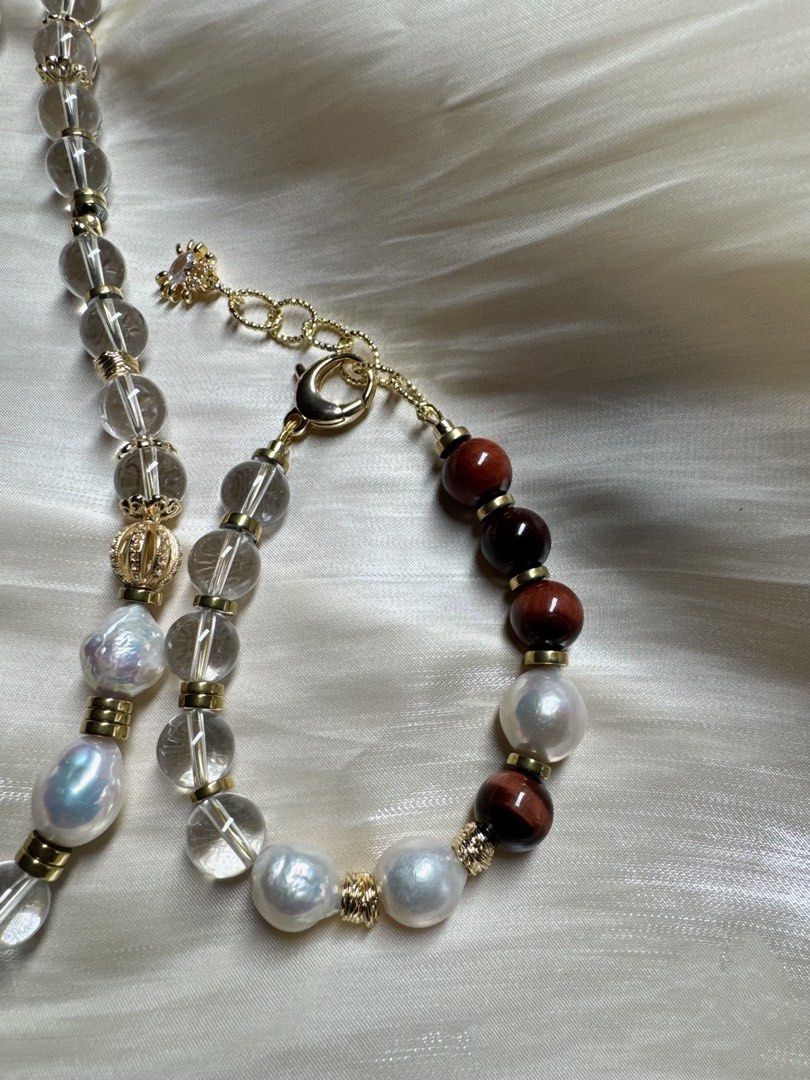 #PN189 [Sale]Pure Red|Freshwater Pearl Necklace & Bracelet Set |High Quality White Quartz |Red Tiger Eye|Big Baroque Pearl |Connect to Longer Necklace