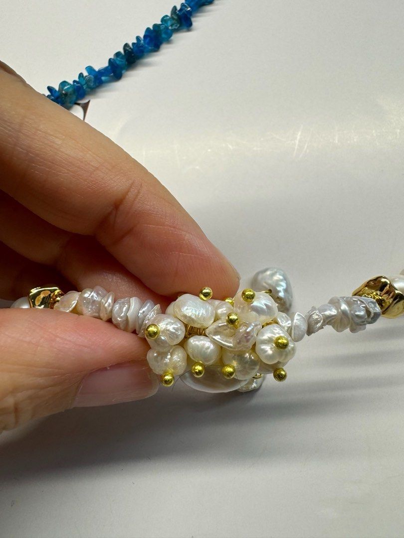 #PN439 [Floral Series] Blue Sky | Freshwater Pearl Necklace |Blue Apatite|Dangling Design|Petal Pearl |Irregular