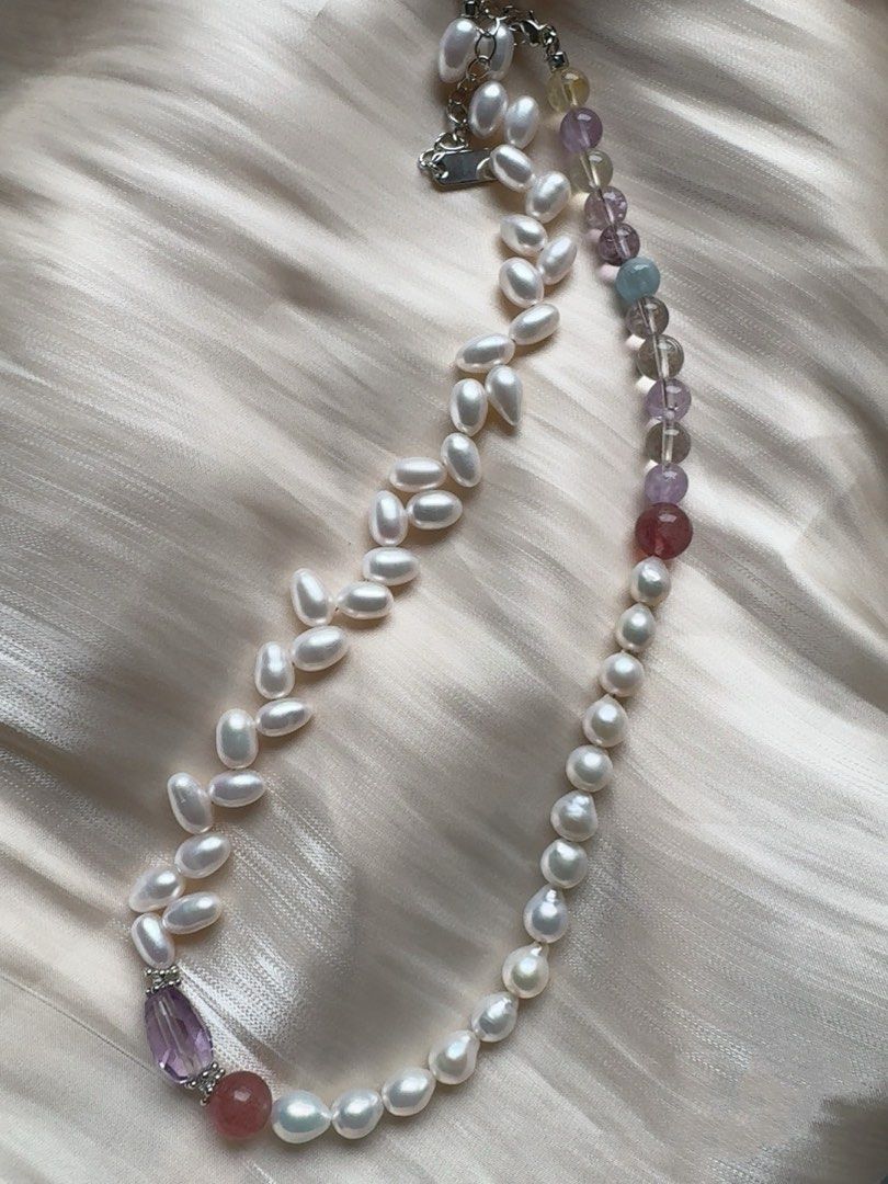 #PN425 Fresh Breeze|Freshwater Pearl Necklace |Wheat Ear Design|Baroque Pearl |Purple Quartz |Strawberry Quartz
