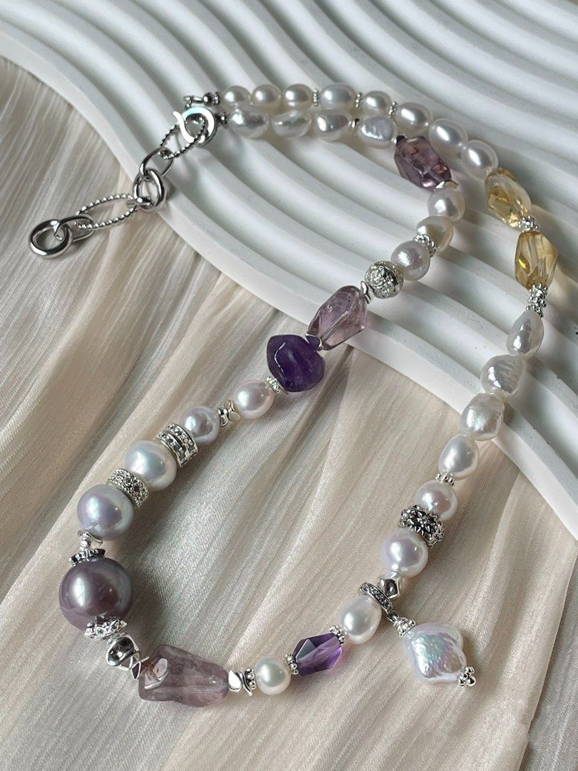 #PN61 Bespoke Beauty|Freshwater Pearl Necklace & Bracelet Set |13.2mm Big Edison Pearl|”stone” Baroque |Citrine Freeform|Amethyst Freeform|Removable Pendant