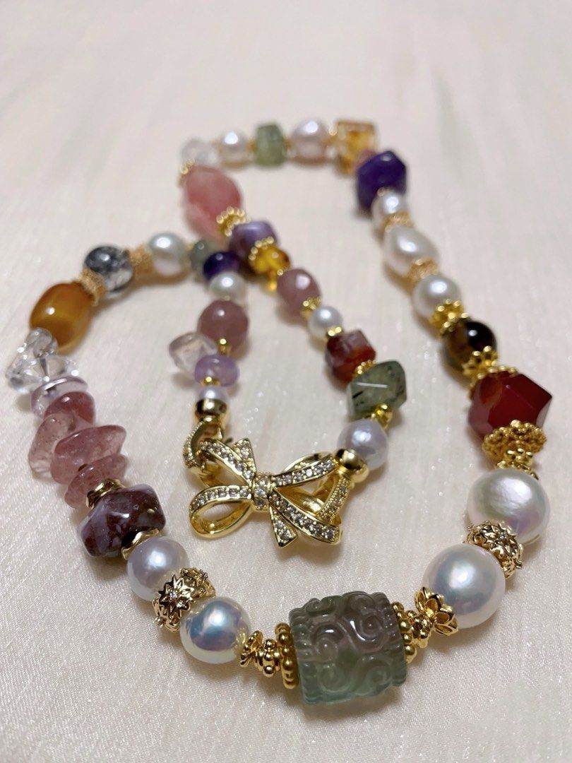 #PN22 Graceful Gems| Freshwater Pearl Necklace | Carved Fluorite Barrel | Faceted Garnet| Amethyst Freeform | Fire Quartz Faceted | Strawberry Quartz Chip| Agate| Baroque Pearl
