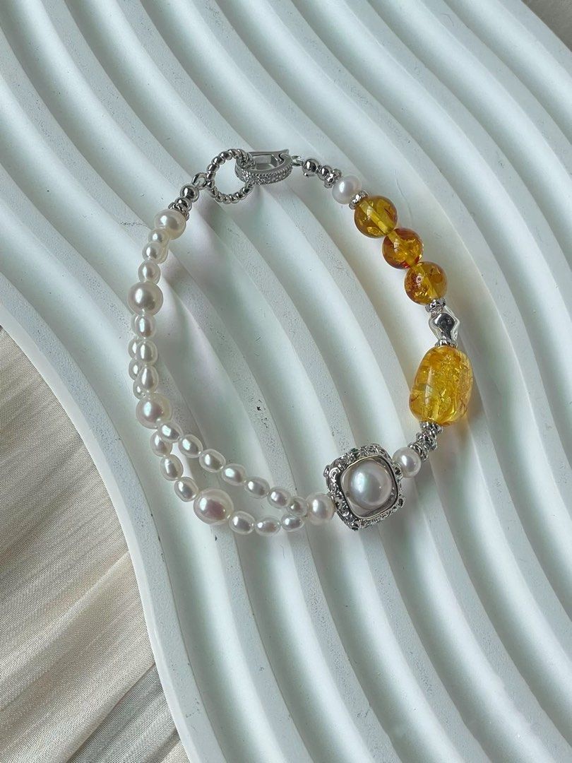 #PN354 Woven Golden |Freshwater Pearl Necklace & Bracelet Set |Edison Pearl |Beeswax Freeform, Cubes|Double-layer