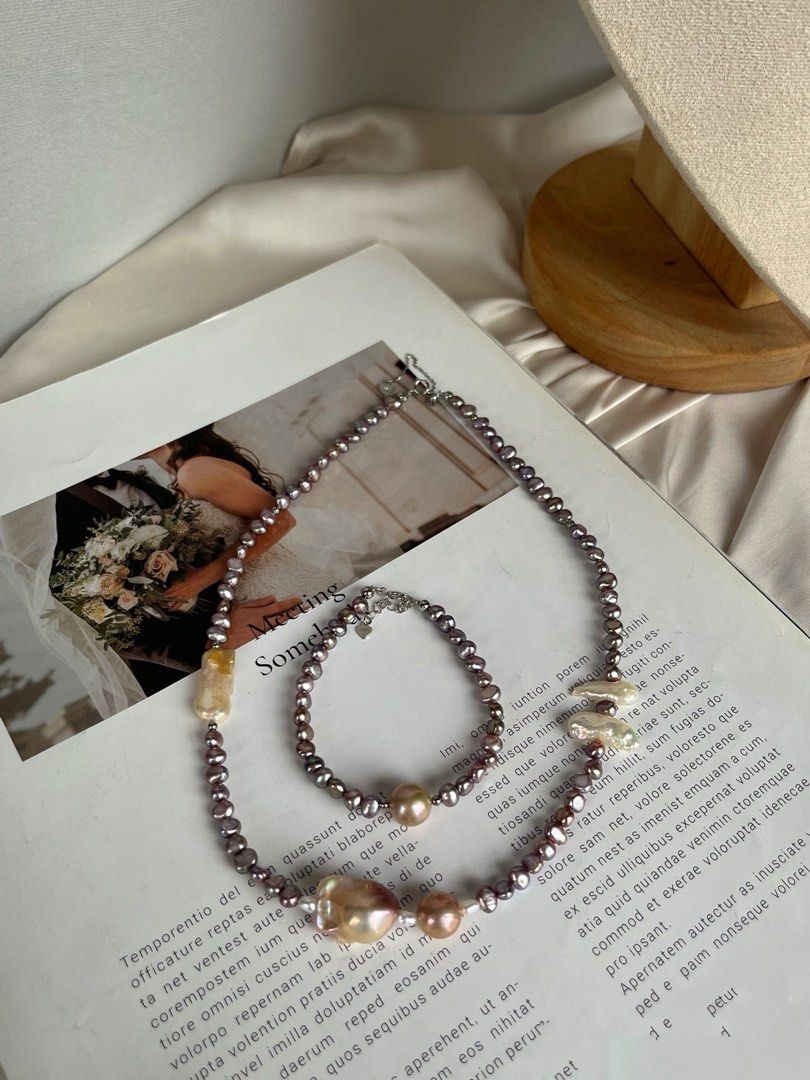 #PN367 Monster Purple |Freshwater Pearl Necklace & Bracelet Set |Baby Irregular Baroque Pearl |Metallic Deep Purple Lustre|Fishtail, Lute Shaped Baroque Pearl