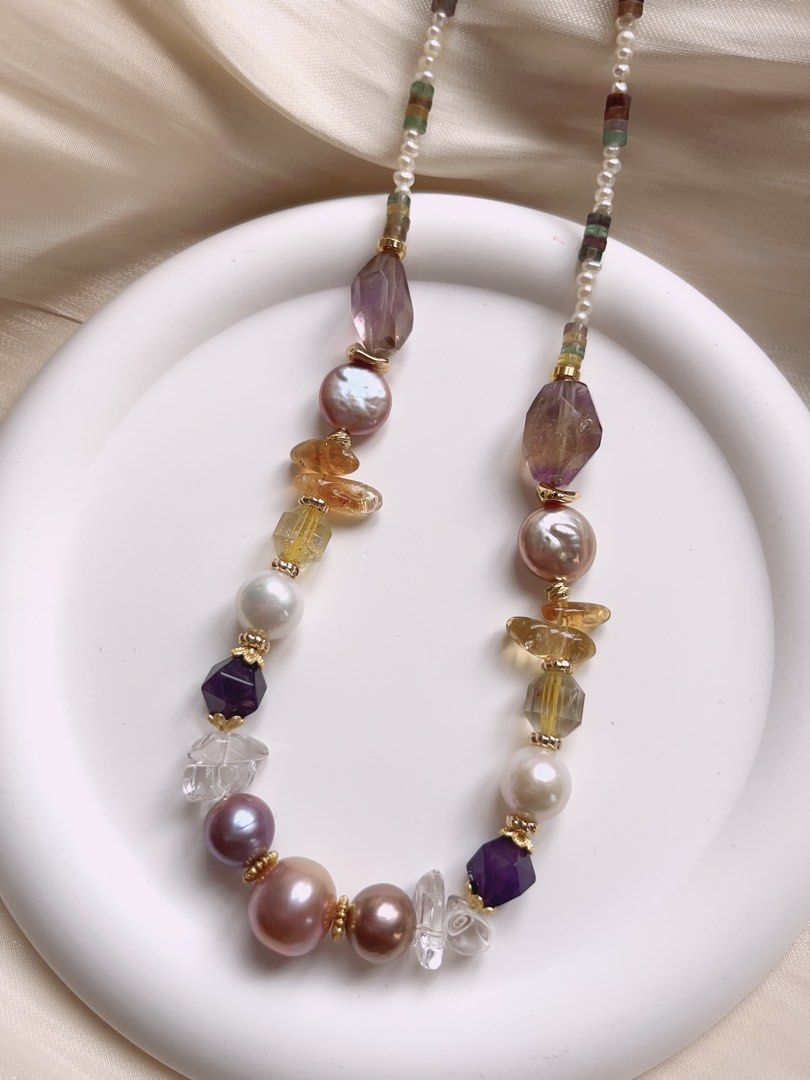 #PN391 [Sale]Medium Long Freshwater Pearl Necklace |Colourful|Baroque Pearl |Purple Quartz |Yellow Quartz