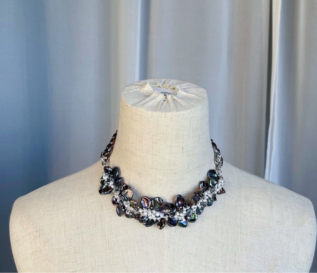 #PN362 [Floral Series] Night Queen|Freshwater Pearl Necklace |Heavy Made|Colorful Black|Deep Metallic Pearl |Lustrous Petal |White Baby Pearl |Rice Pearl |Multi Wear|Gothic Style
