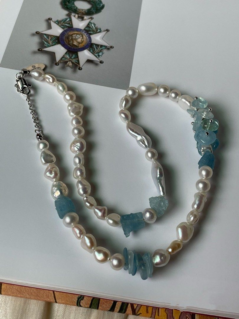 #PN356 [Floral Series] Oceanic Wonders|Freshwater Pearl Necklace |Aquamarine Petal, Chip, Original Stone|Irregular Keshi Baroque Pearl