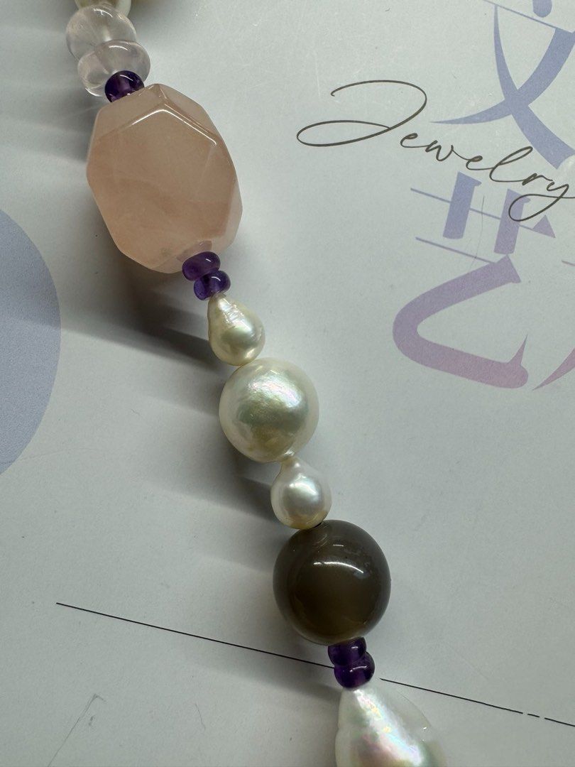 #PN414 Tender Summer|Freshwater Pearl Necklace |Gray Agate|Edison Pearl|Big Rose Quartz