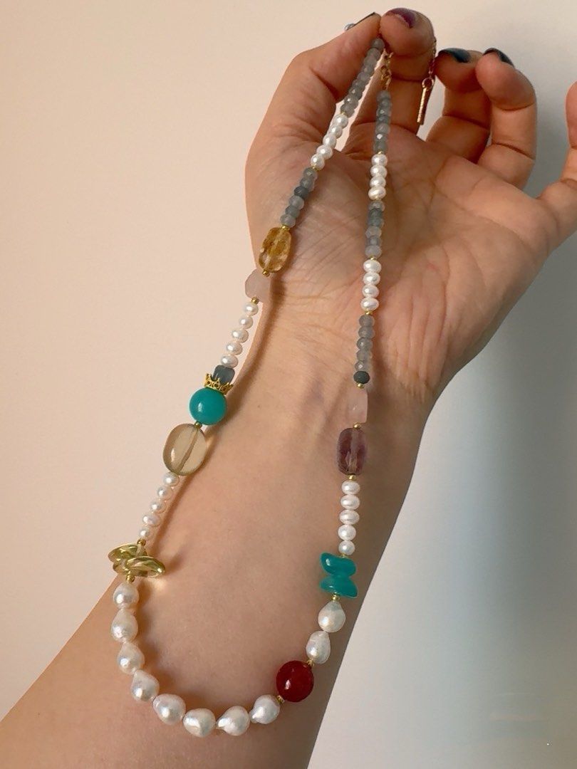 #PN413 Grey Sky|Freshwater Pearl Necklace |Small Waterdrop Pearl|Rose Quartz | Amazonite |Citrine |Grey-blue Aquamarine
