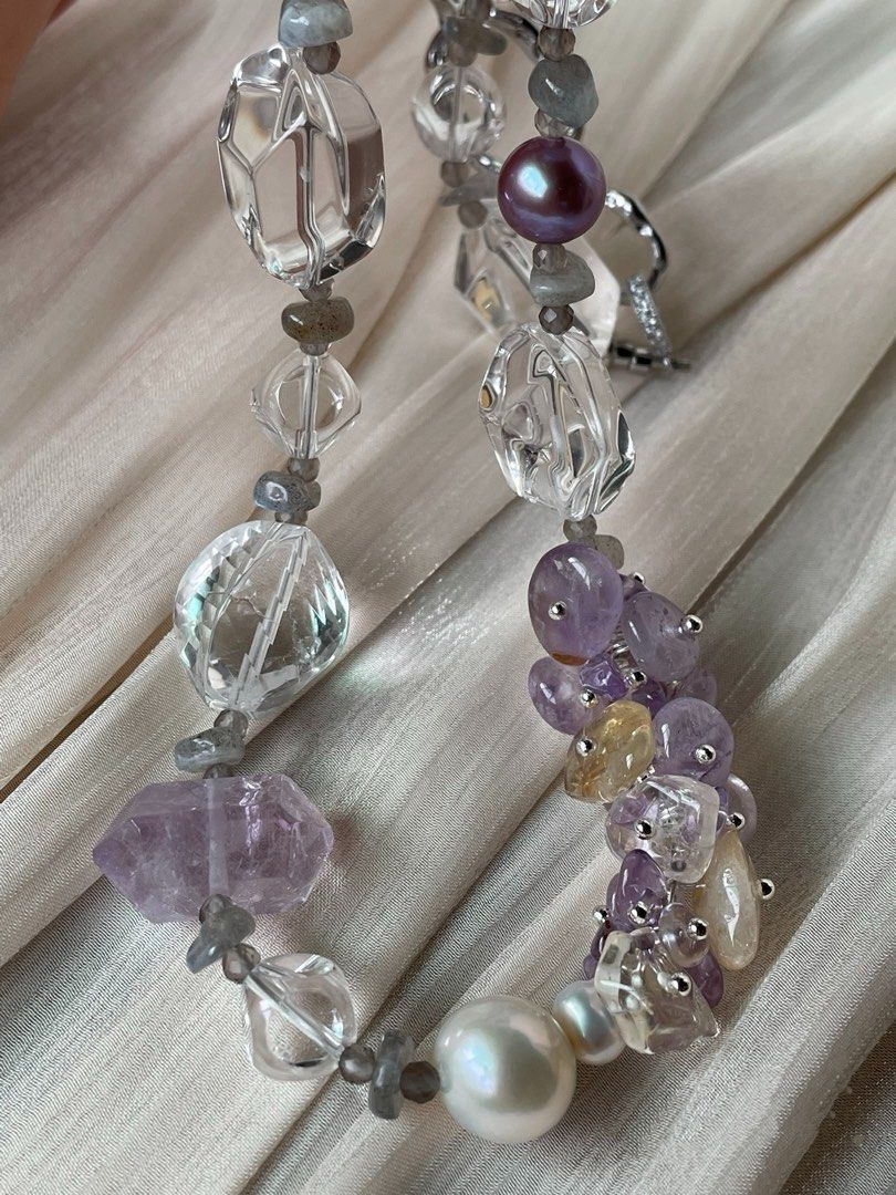 #PN351 [Floral Series] Jewels of the Earth|Freshwater Pearl Necklace |High Quality Big Clear Quartz Freeform |Edison Pearl |Ametrine Petals|Purple Phantom