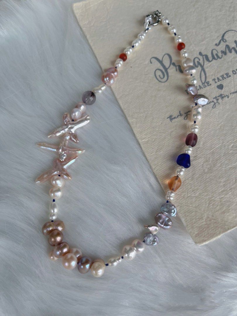 #PN431 Pink & Blue|Freshwater Pearl Necklace |Cross Shaped Pearl|Gourd Shaped Pearl |Mixed Sizes|Bronze Colour