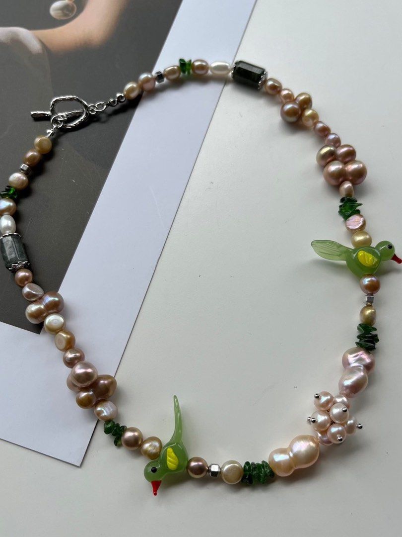 #PN165 [Floral Series] Birds in Jungle|Freshwater Pearl Necklace |Jade|Natural Stone|Gourd Pearl|Baroque Pearl|Golden Lustre