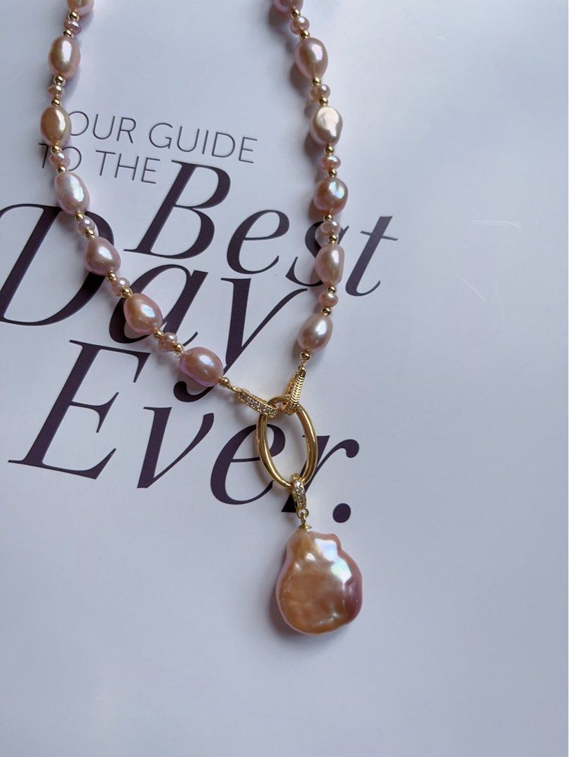 #PN380 [Clearance Sale] Purple Stones| Freshwater Pearl Necklace |Removable Pendant |Wear Multi Way|Removable Connector Ring|Gorgeous Lustre|Baroque Pearl |Big Pendant