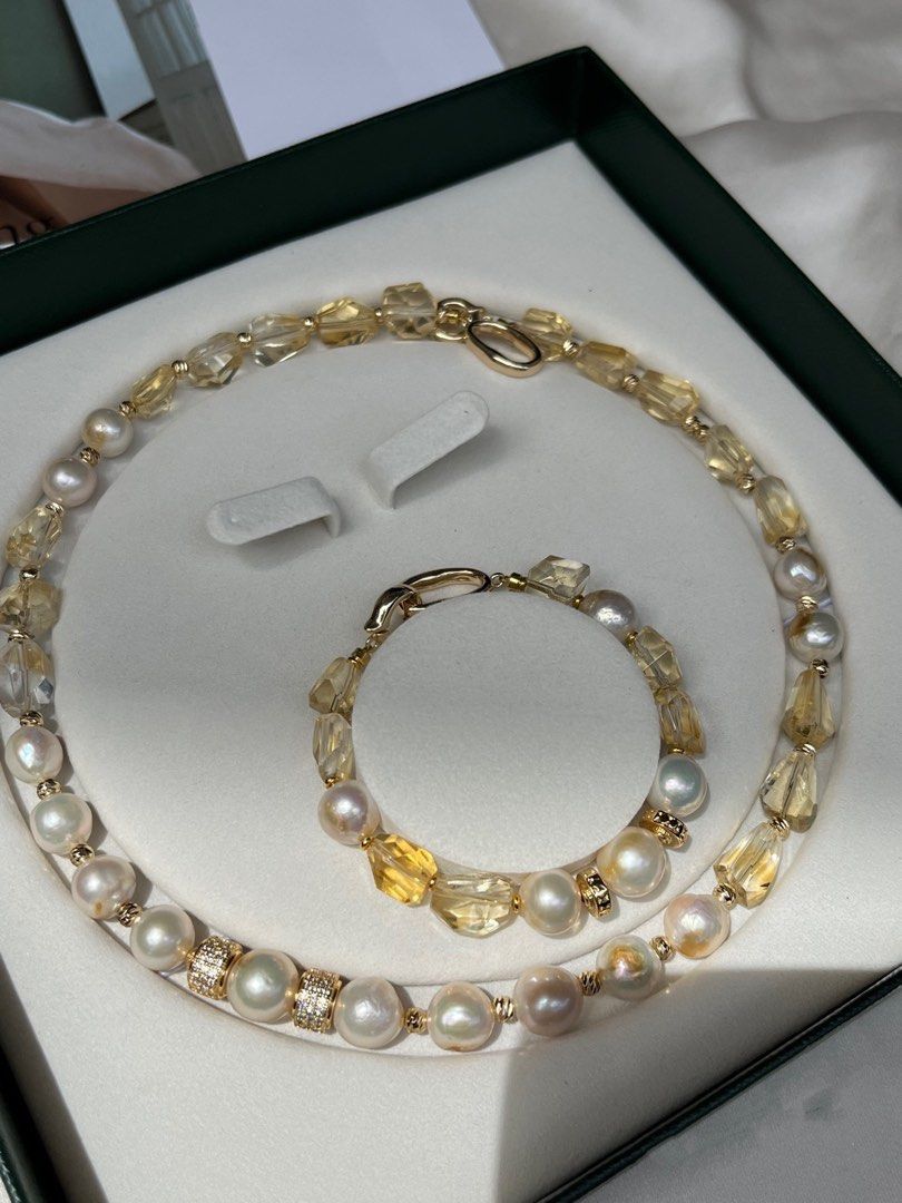 #PN187 Gilt Freshwater Baroque Pearl & Yellow Quartz Necklace & Bracelet Set |Wrinkled Baroque Pearl