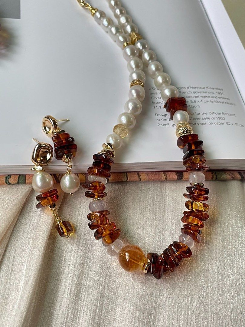 #PN355 Luxe Layers|Freshwater Pearl Necklace & Bracelet & Earrings Set |Baroque Pearl |Amber Chip|Amethyst|Big Citrine