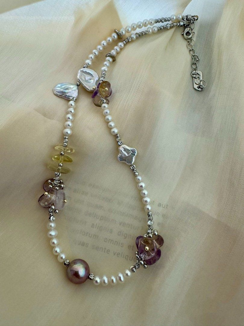 #PN433 [Floral Series ] Silver Flower| Freshwater Pearl Necklace |High Quality Purple Quartz |Silver-Grey Petal Pearl |Yellow Quartz |Baby Pearl|Clover Shaped Pearl |Metallic Edison Pearl