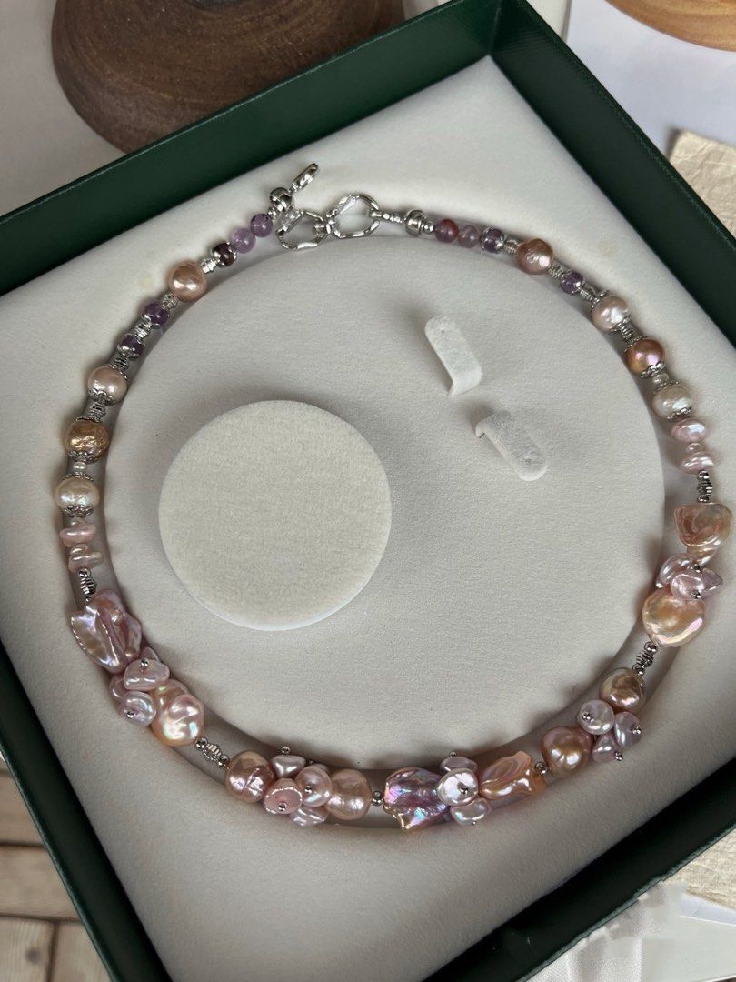 #PN376 [Floral Series] Violet Forest|Freshwater Pearl Necklace |Golden Purple Lustre|Rare Colour |Petal Pearl |Lute|Purple Quartz