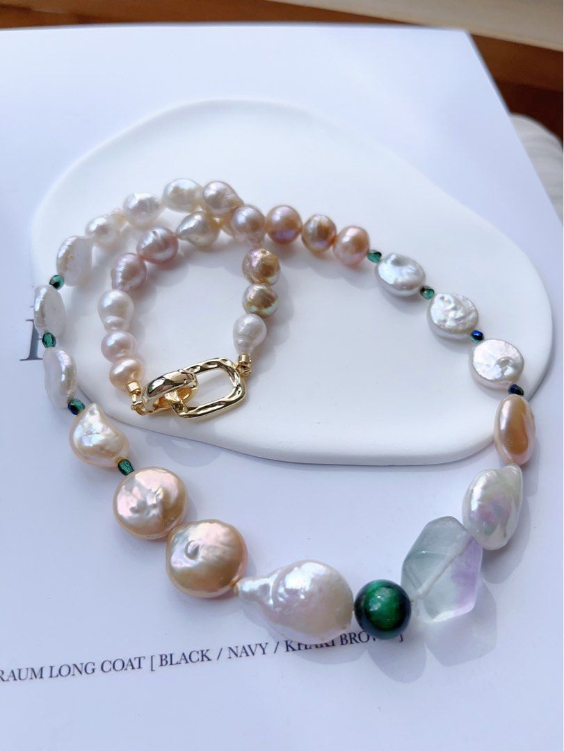 #PN399 [Sale]Autumn’s Forest |Freshwater Pearl Necklace |Fluorite|Malachite|Coin Pearl |Colourful|Wrinkled Baroque Pearl |Golden Lustre