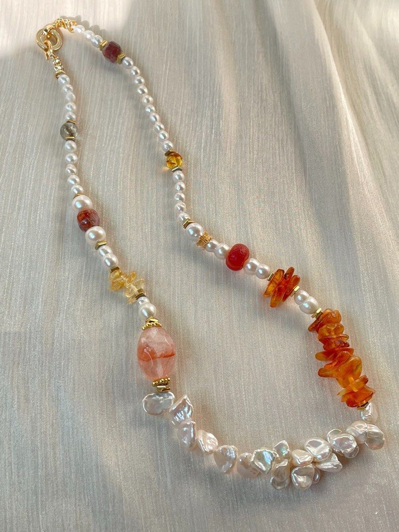 #PN303 Nature’s Elegance |Freshwater Pearl Necklace |Beeswax Petal|Big Fire Quartz Barrel |Petal Baroque Pearl |Green Phantom | Citrine Debris
