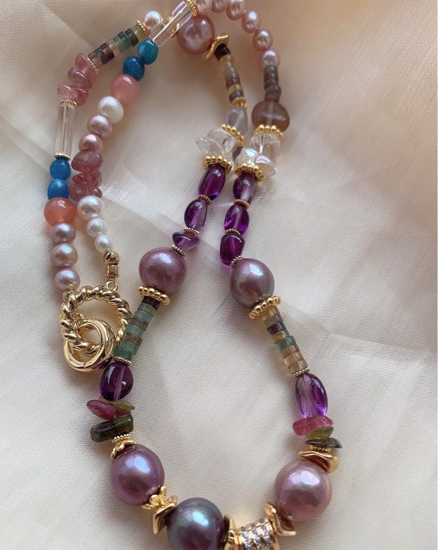 #PN389 [Sale]Freshwater Baroque Pearl & Natural Quartz Necklace |Big Edison Pearl |Crimson Agate|White & Strawberry & Purple Quartz |Amazonite|Fluorite