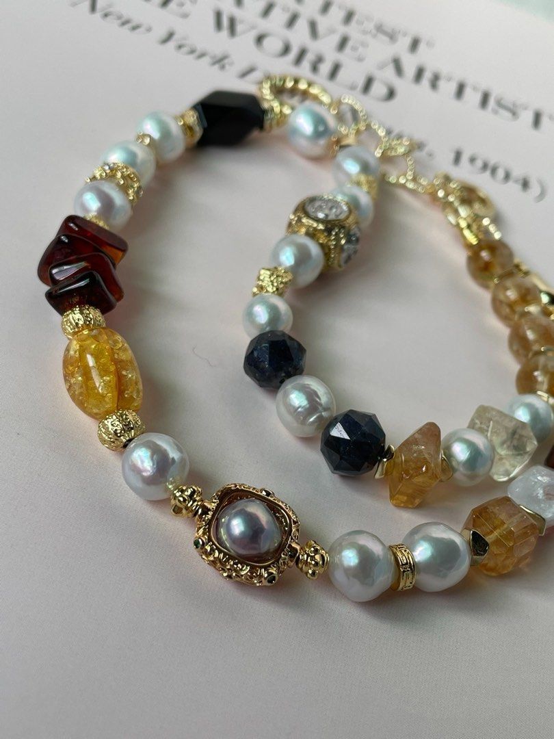 #PN357 Earthly Essence |Freshwater Pearl Necklace |Beeswax|Citrine Free Form|Amber |Iolite Faceted|Agate|Baroque Pearl