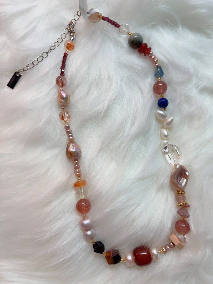 #PN334 Red Fantasy | Freshwater Pearl Necklace | Strawberry Quartz | Garnet Square | Wheat Ears | Wrinkled Baroque Pearl |Natural Flaws | Fire Quartz