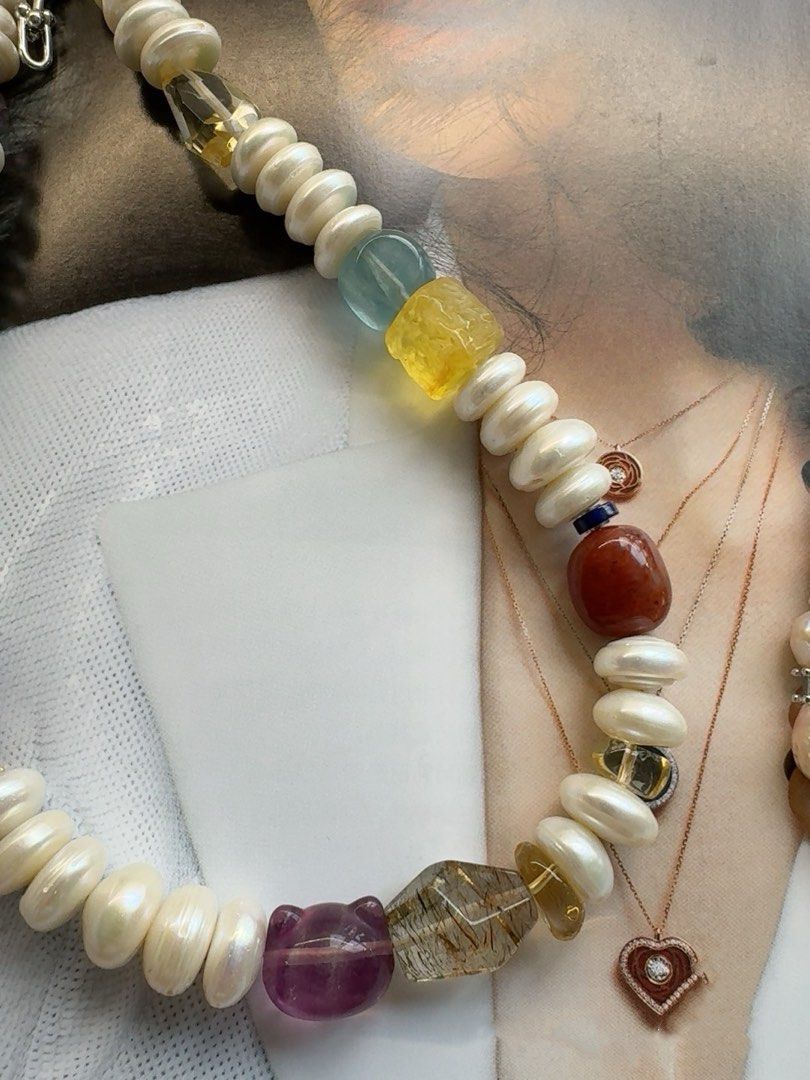 #PN412 Exotic Princess | Freshwater Pearl Necklace | Fluorite|Yellow Quartz | Big Coin Pearl| Purple Quartz | Nanhong Agate|Black Golden Super Seven Quartz |Beeswax