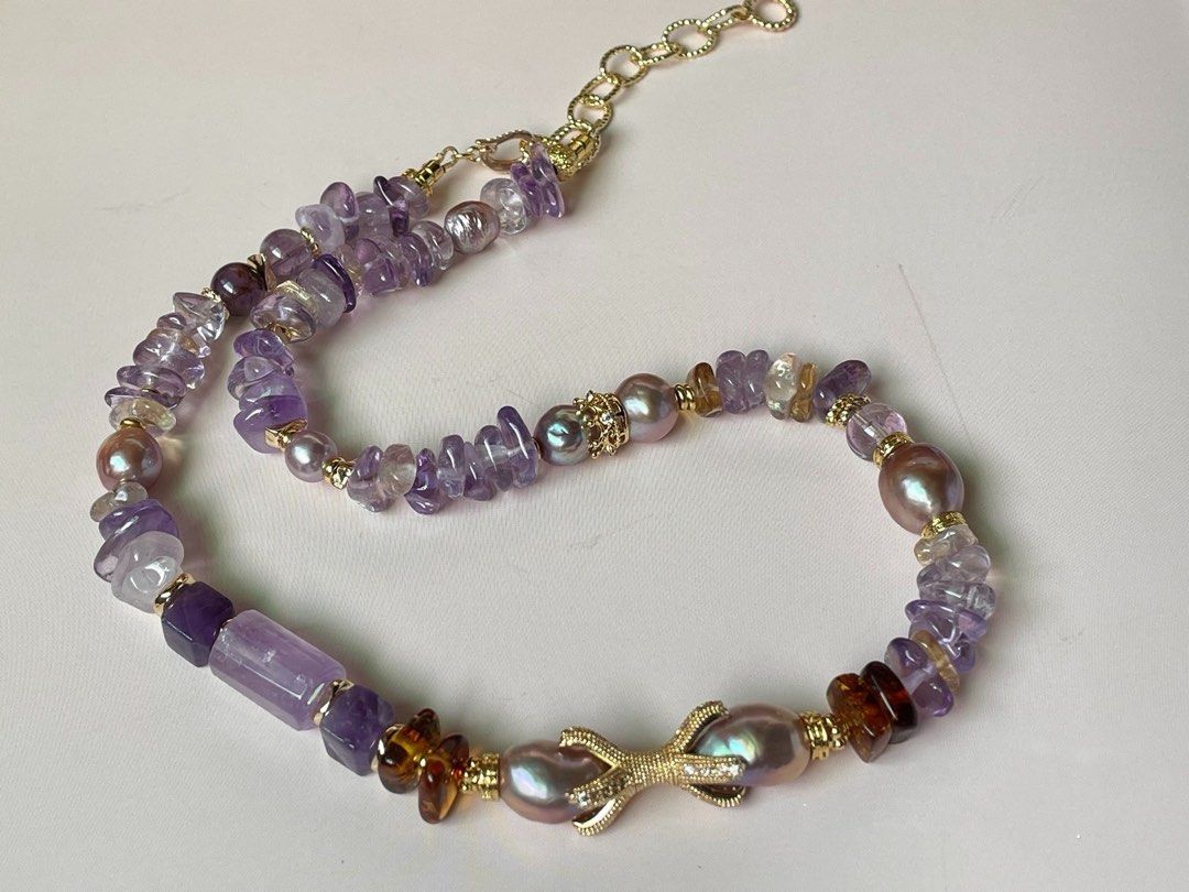 #PN304 Pearl & Stone Serenity | Freshwater Pearl Necklace | Amethyst Stack, Barrel | Amber Stack | Edison Pearl