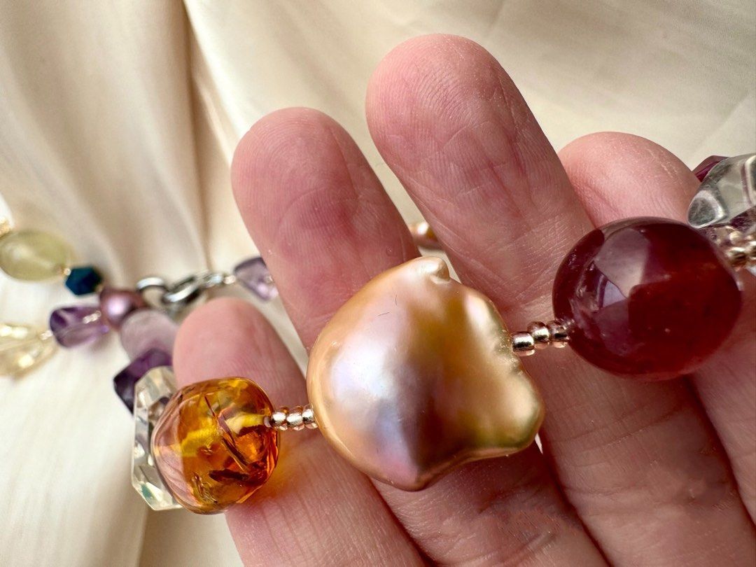 #PN300 Multi-Gems| Freshwater Pearl Necklace | Big Baroque Pearl | Amber Freeform | Fluorite Barrel | Amethyst, Citrine Freeform | Clear Quartz | Fire Quartz