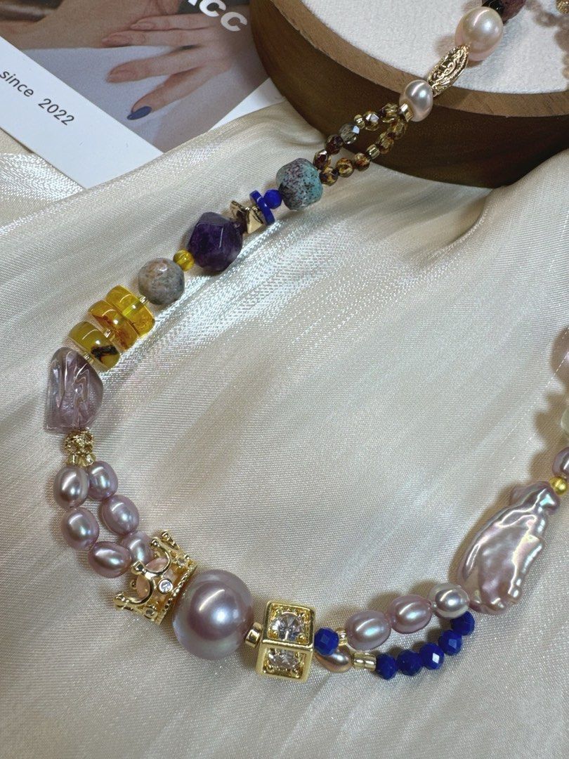 #PN432 Blue Fantasy |Freshwater Pearl Necklace |Lapis Lazuli|Purple Edison Pearl|Pearl Quartz |Beeswax