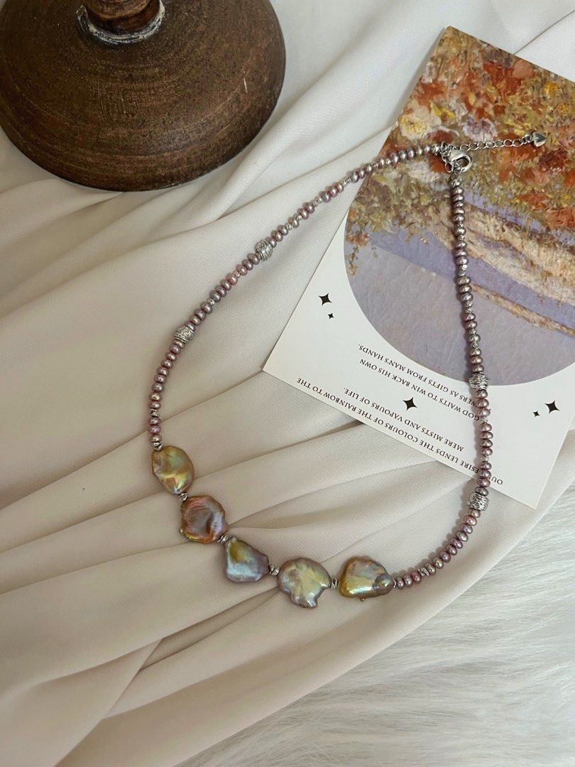 #PN371 Golden Petal |Freshwater Pearl Necklace |Golden-purple Lustre|Dark Purple Baby Baroque Pearl |Big Pearl Petal |Top Lustre