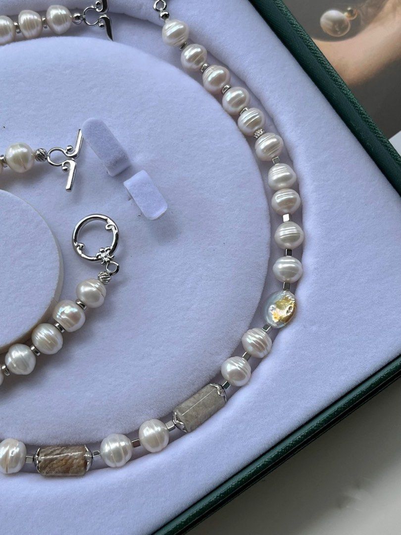#PN234 Unisex| Freshwater Pearl Necklace & Bracelet Set |UFO Shaped Pearl |Grey Agate|Natural Growth Lines