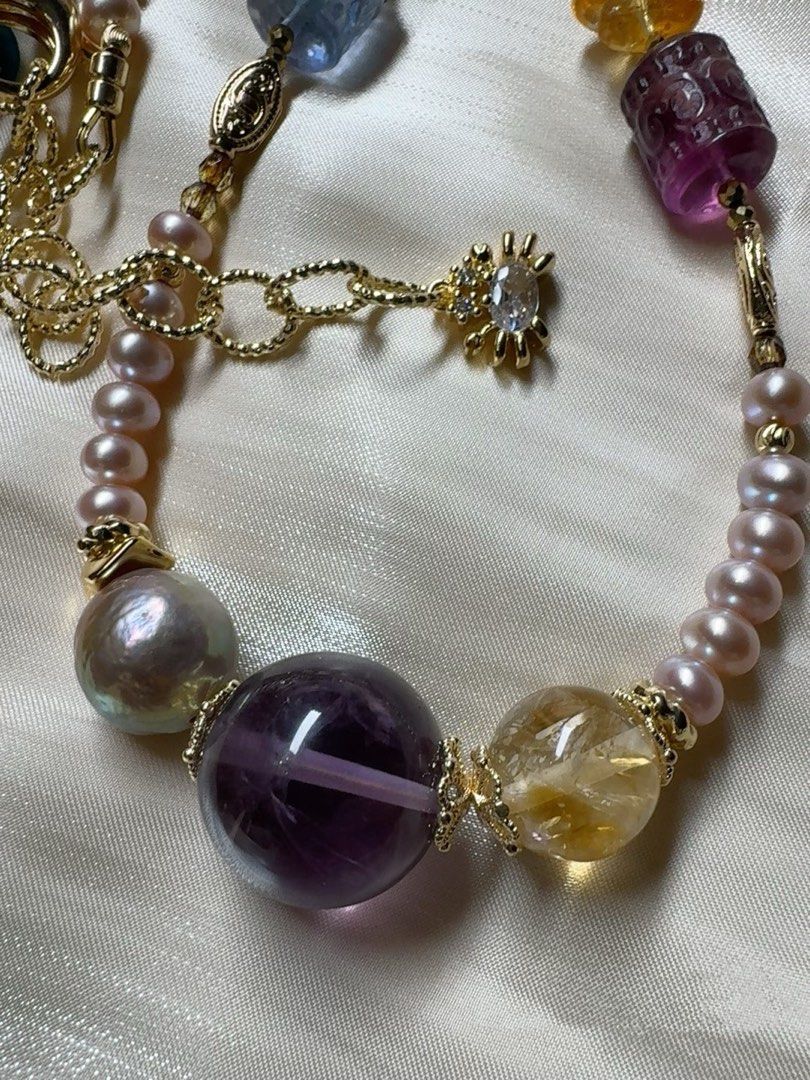 #PN437 Purple Dream|Freshwater Pearl Necklace |Fluorite|Purple Quartz |Wrinkled Baroque Pearl |Natural Flaws|Yellow, White Quartz