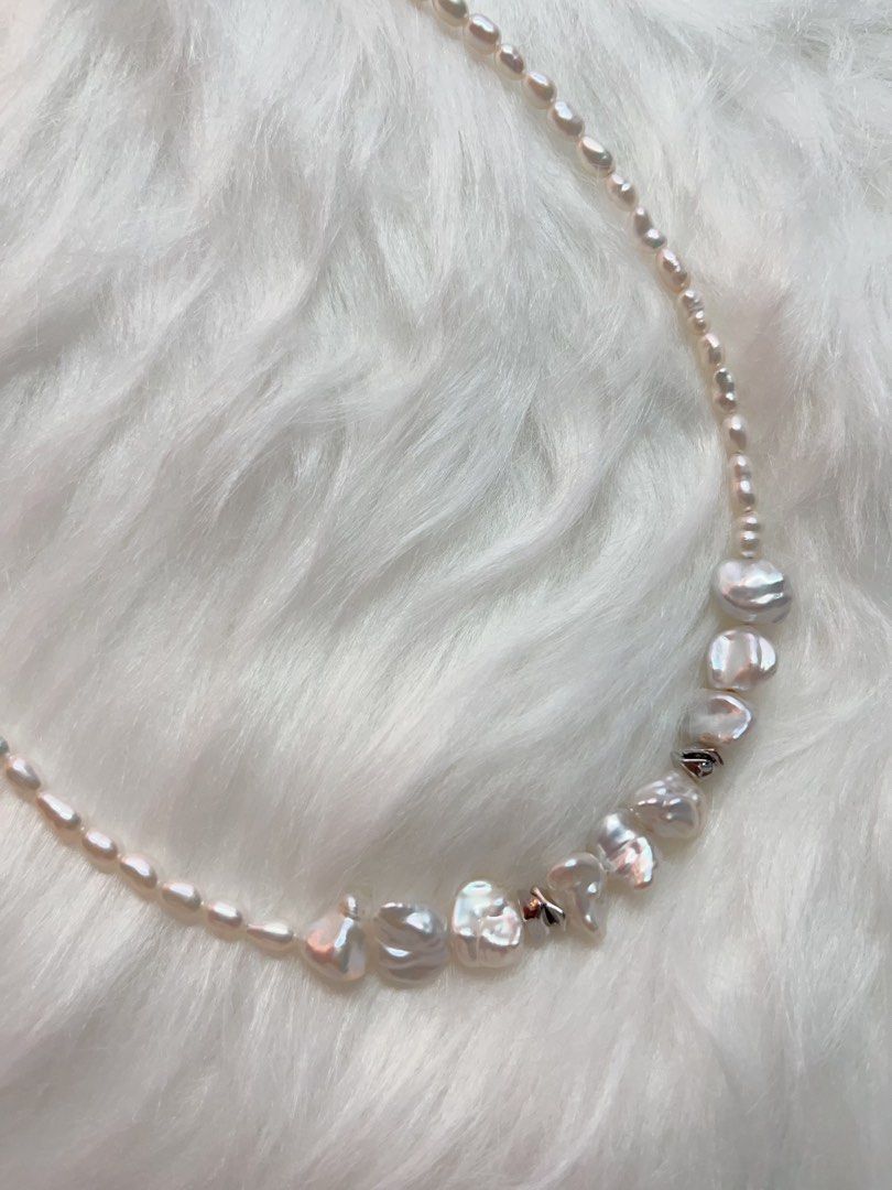 #PN340 Cool & Sweet| Freshwater Pearl Necklace | Ancient Silver Shape Baroque Pearl | Silver-ish Lustre| Baby Keshi Pearl