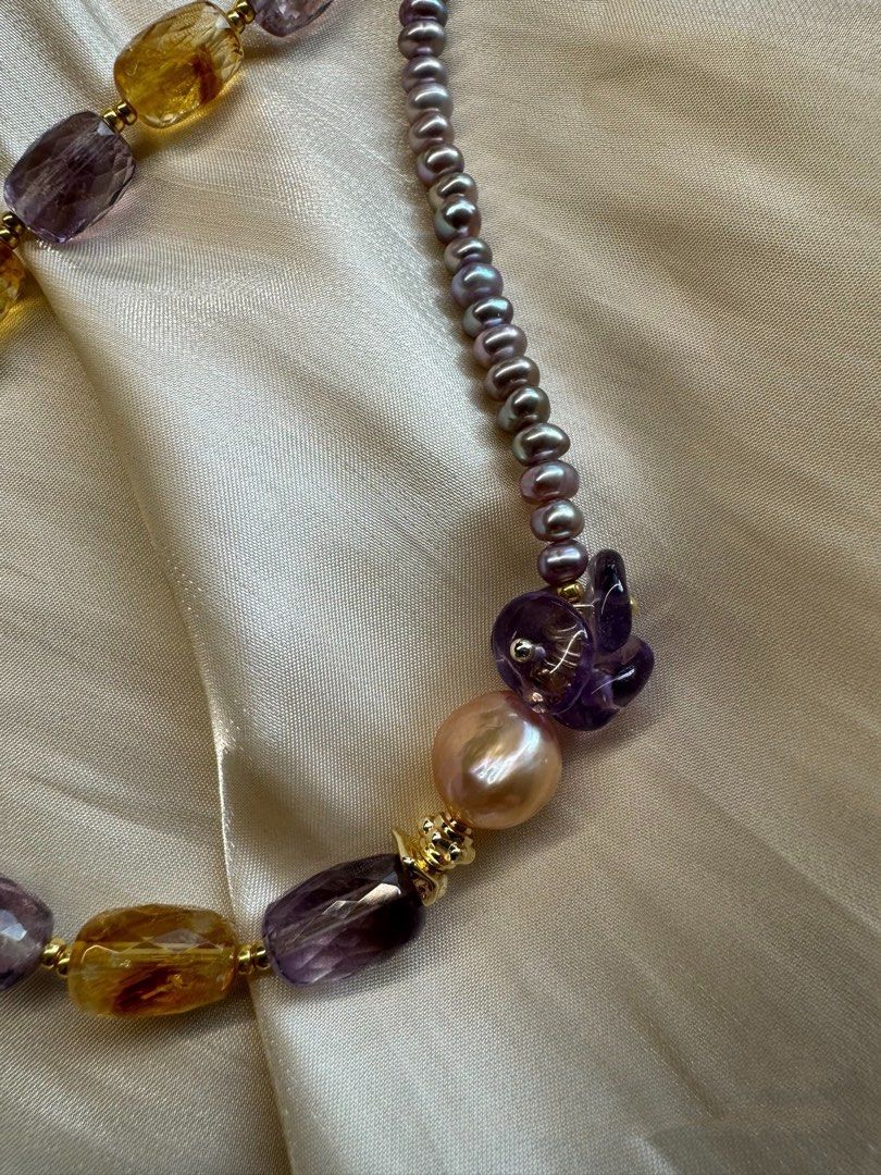 #PN441 [Floral Series] Purple Heart|Freshwater Pearl Necklace |Purple & Yellow Quartz |Baby Baroque Pearl |Lustrous