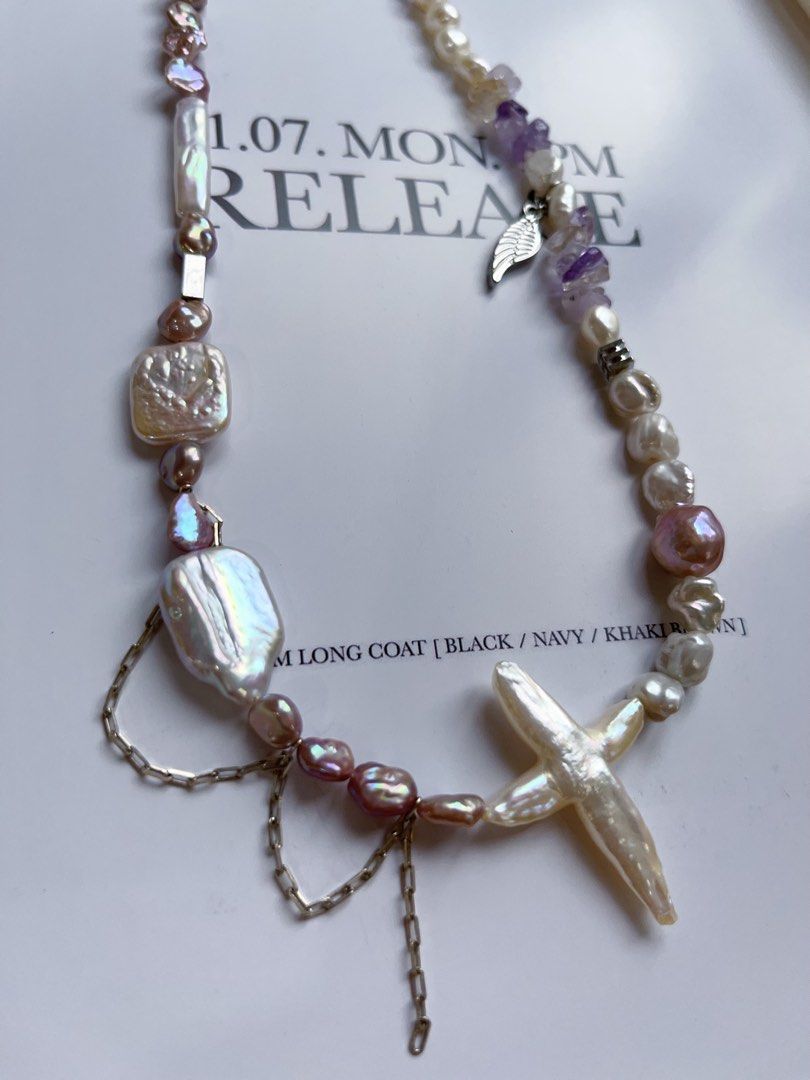 #PN407 [Sale]Handmade Original Design Freshwater Pearl Necklace |Double-sided|Big Waterdrop Baroque Pearl Removable Pendant|Cross|Purple Quartz |Dripping