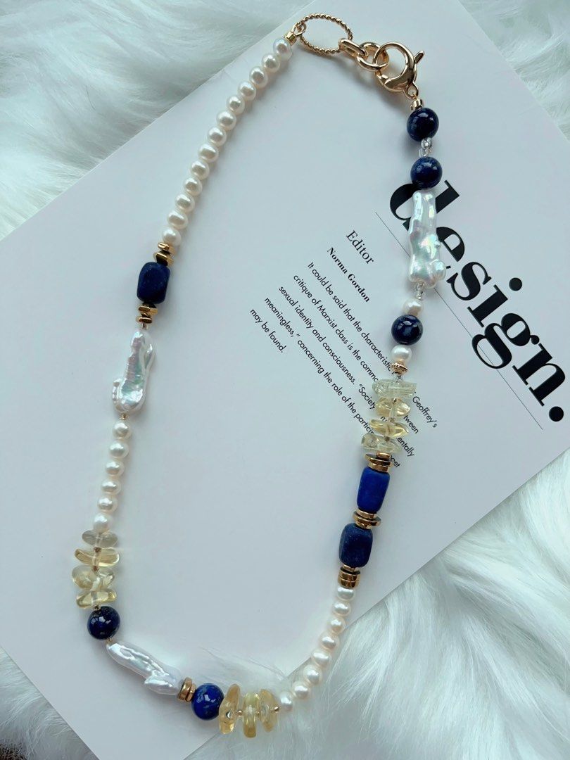#PN329 [Open Box] [Sale] Deep Blue | Freshwater Pearl Necklace | Lapis Lazuli | Yellow Quartz Lute Shaped Pearl