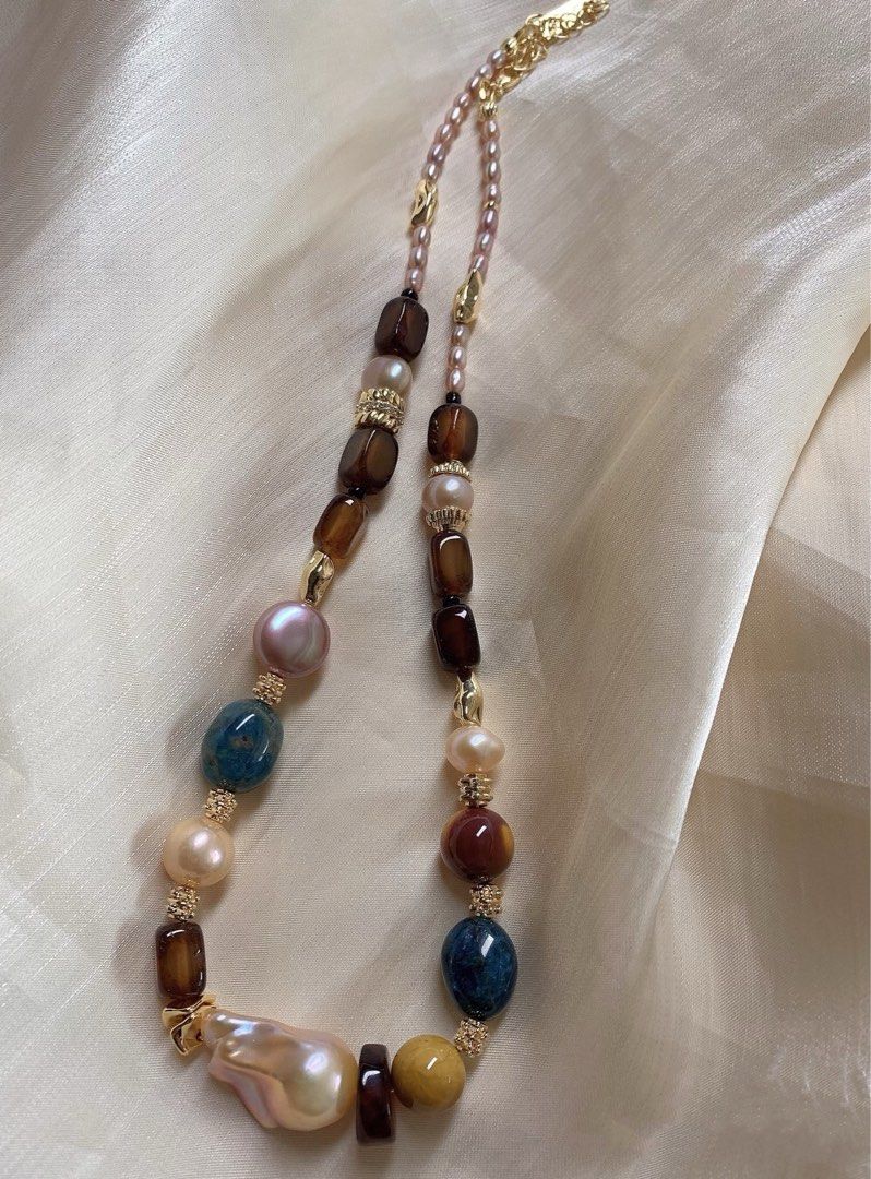 #PN390 [Sale]Handmade Original Design |Freshwater Pearl Necklace |Brown Agate|Natural Stones|Big Baroque Pearl |Button Pearl