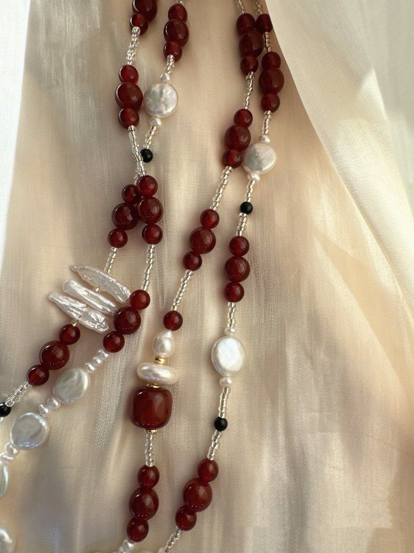 #PN247 Dark Moon|Freshwater Pearl Necklace |Double-layered|Garnet|Perfect Coin Pearls|Lustrous|Cool Silver