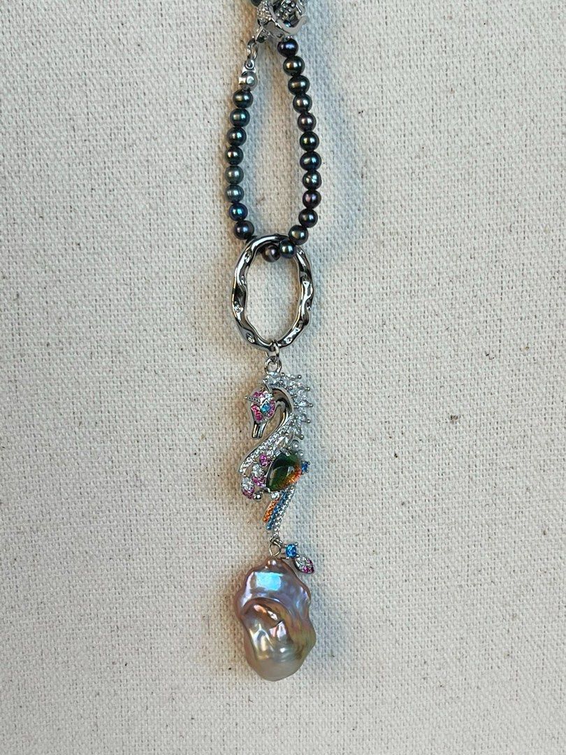 #PN370 Deep Sea|Freshwater Pearl Necklace |Seahorse Pendant |Purple-golden Big Baroque |Baby Dark Pearl |Rare|Gothic Style |Electro-coated Colour