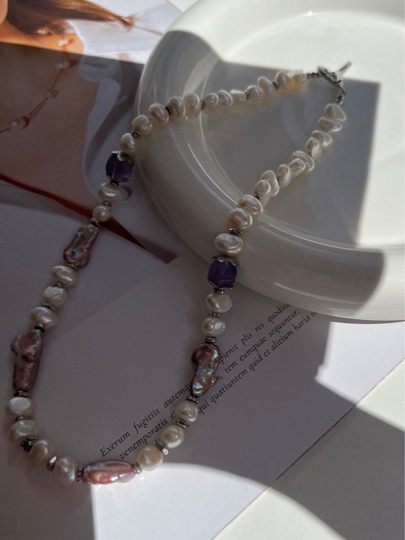 #PN383 [Sale]Silken Moonlight|Handmade Original Design | Freshwater Pearl Necklace |Big Baroque Pearl |Purple Quartz